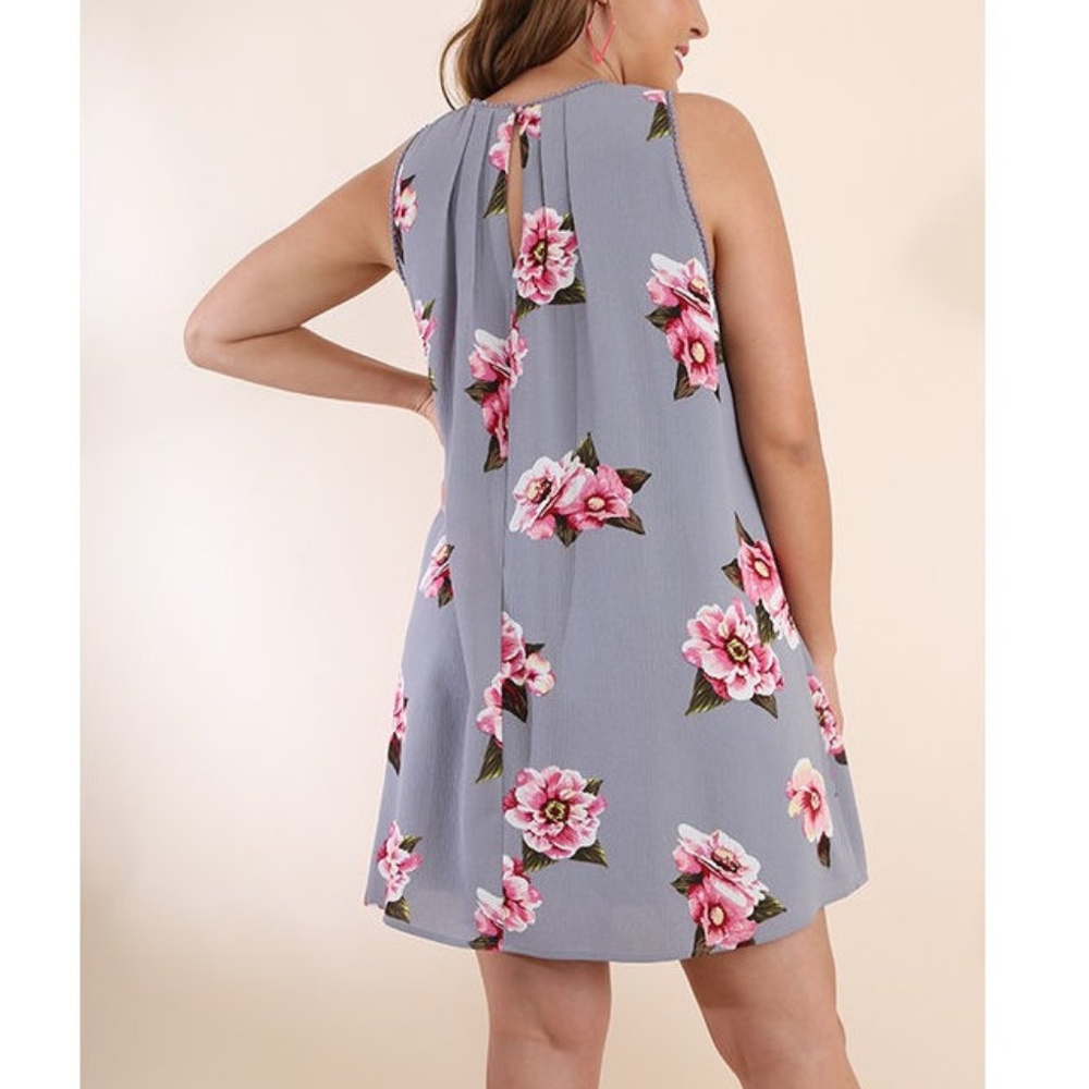 Umgee Gray Pink Floral Boho Swing Tunic Dress - Picture 3 of 5